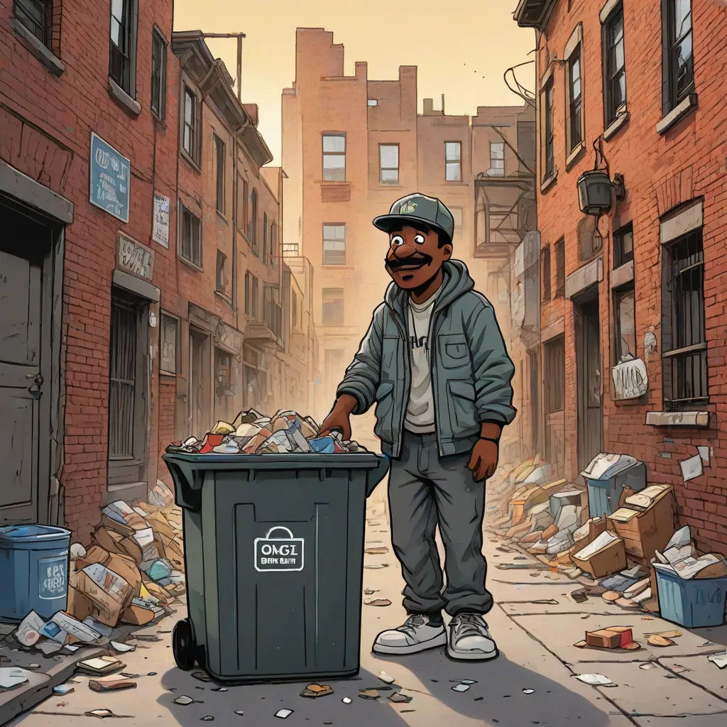 a cartoon of a man standing next to a trash can in a street with a pile of garbage in the background, underground comix, a comic book panel, Altichiero, comic cover art