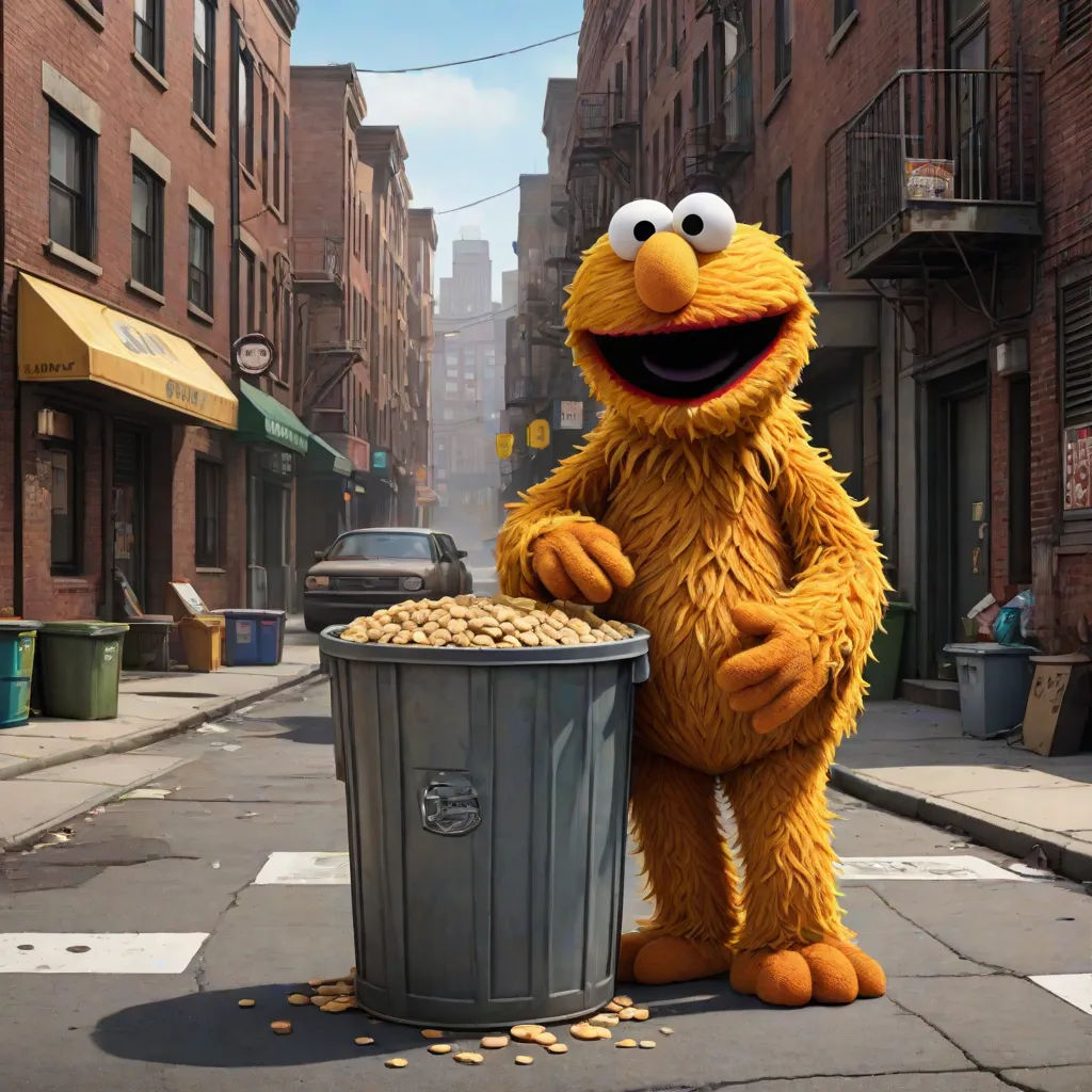 a sesame character is holding a trash can and standing on a city street with a trash can in front of him, furry art, a character portrait, Chris LaBrooy, promotional image