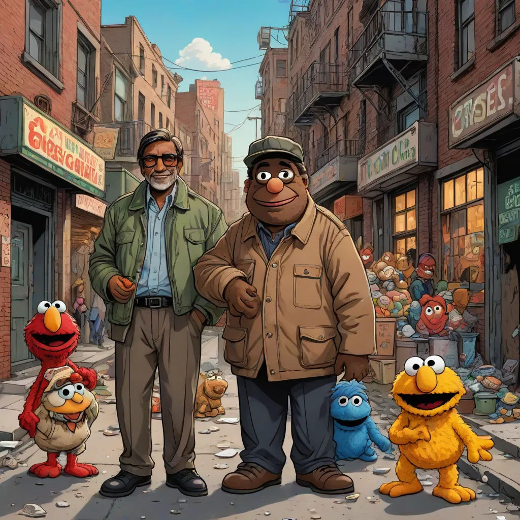 a group of people standing on a street next to a sesame character and a man in a brown jacket, underground comix, a comic book panel, Eddie Mendoza, josan gonzales and dan mumford