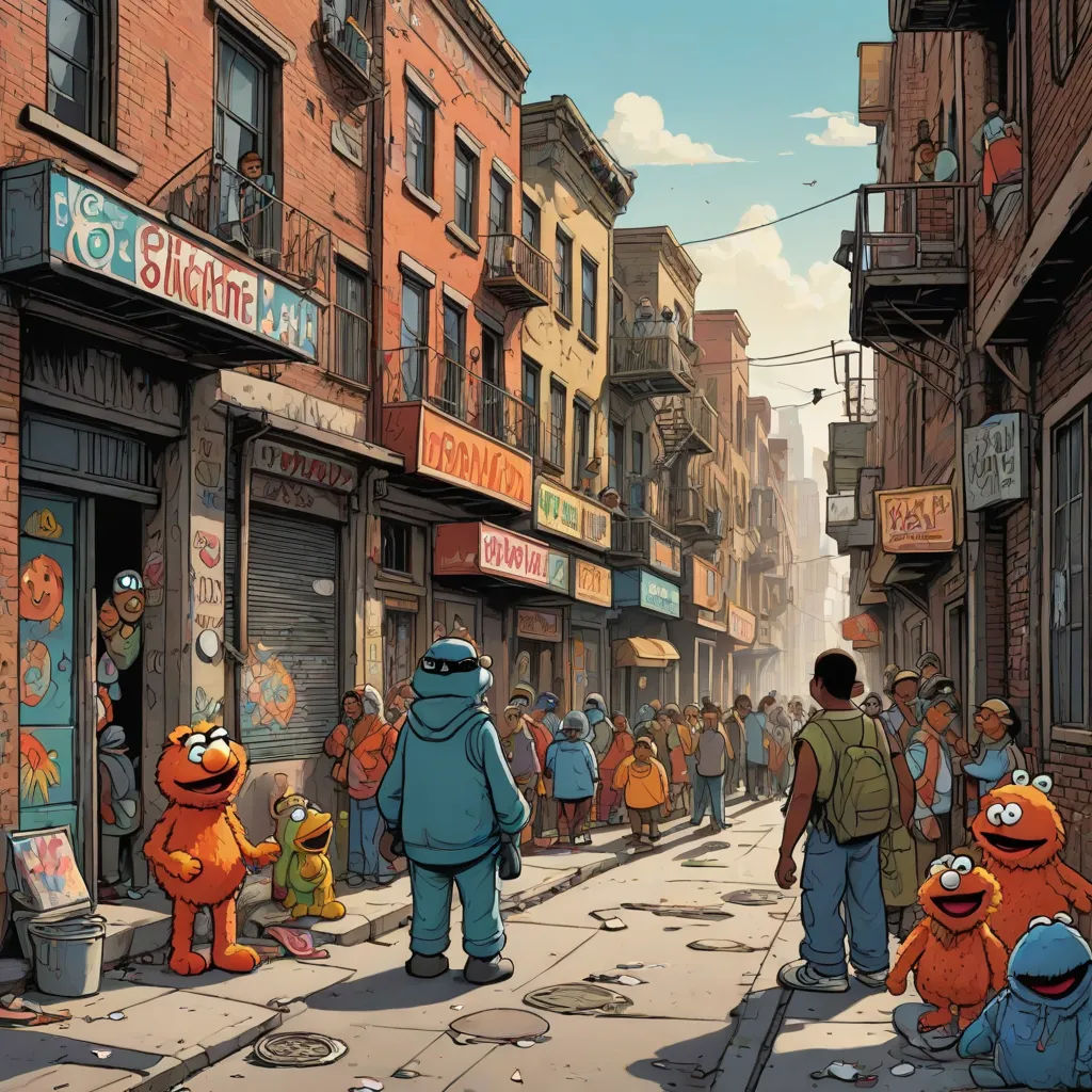 a group of people walking down a street next to tall buildings with sesame characters on them and a man in a blue jacket, underground comix, a comic book panel, Chris LaBrooy, josan gonzales and dan mumford