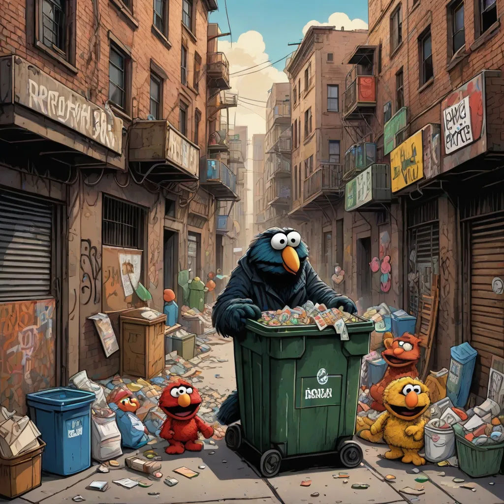 a cartoon of a garbage can with a bunch of garbage in it and a bunch of stuffed animals around it, ashcan school, an album cover, Chris LaBrooy, official art