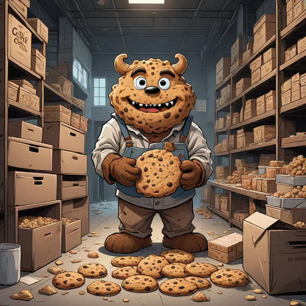 a cartoon character holding a cookie in a room full of boxes of cookies and boxes of cookies on the floor, furry art, a storybook illustration, Chris LaBrooy, official art