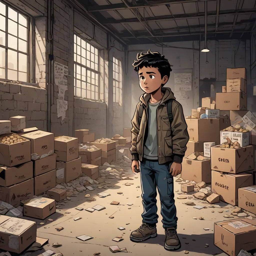 a boy standing in a room full of boxes and boxes on the floor and a window in the background, serial art, a comic book panel, Adam Manyoki, official art