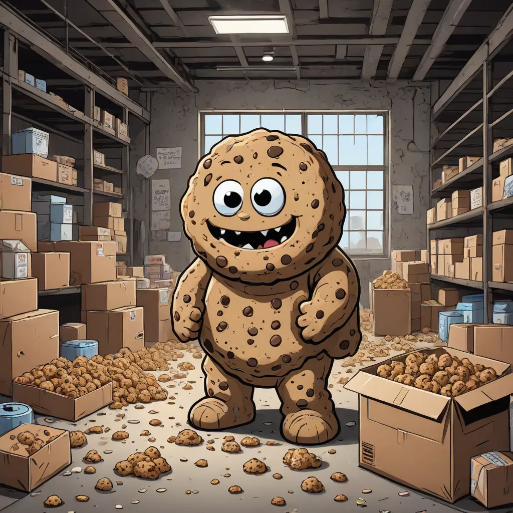 a cookie character standing in a room full of boxes of potatoes and potatoes in it's hands and smiling, sots art, concept art, Chris LaBrooy, behance hd