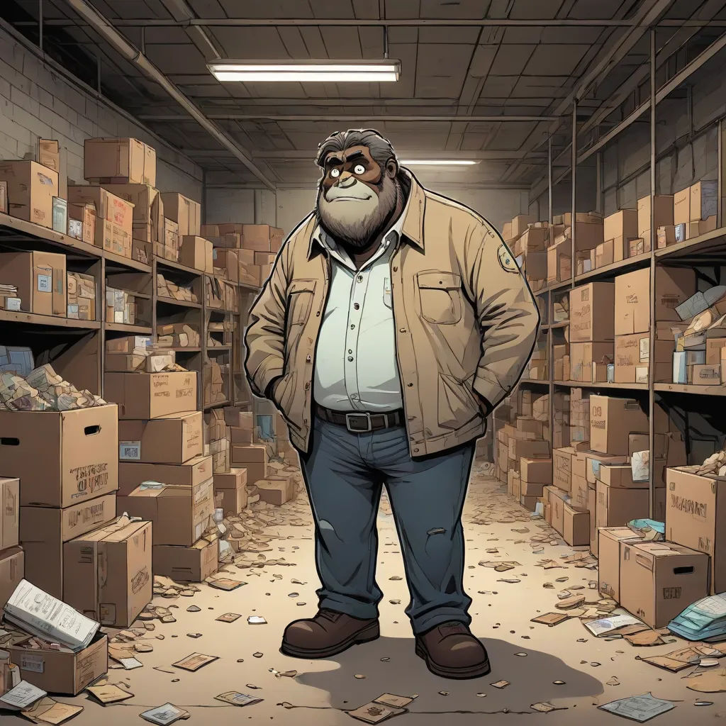 a man standing in a warehouse with boxes on the floor and a gorilla face on his shirt and pants, furry art, a comic book panel, Fletcher Martin, marvel comics