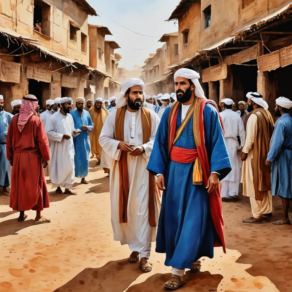 a group of men standing in a street next to each other in front of a crowd of people wearing blue and white, hurufiyya, a detailed matte painting, Altoon Sultan, cinematic photography
