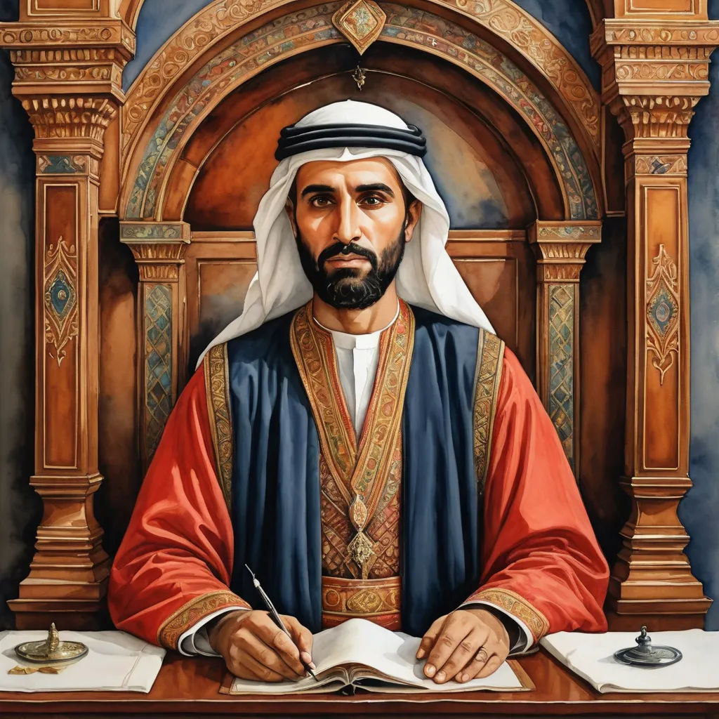 a painting of a man in a robe sitting at a desk with a pen and paper in his hand, hurufiyya, a detailed painting, Ahmed Karahisari, detailed portrait