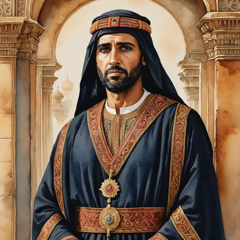 a painting of a man in a black outfit with a gold and red necklace and a gold and red necklace, qajar art, a character portrait, Altoon Sultan, detailed portrait