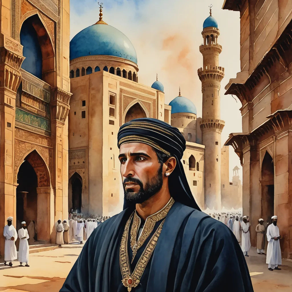 a painting of a man in a turban in front of a building with a blue dome and a blue sky, qajar art, a detailed painting, Altoon Sultan, orientalism