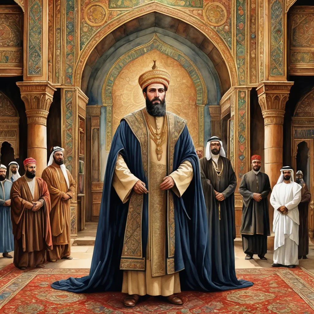 a painting of a man in a priest's robes surrounded by other men in robes and robes,, qajar art, a detailed painting, Altoon Sultan, art noveau