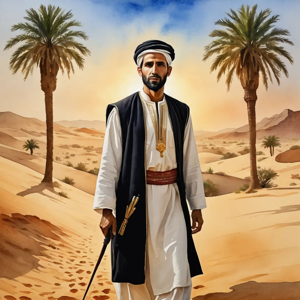 a painting of a man in a desert with palm trees in the background and a desert landscape with a desert scene, qajar art, egyptian art, Ahmed Karahisari, art noveau