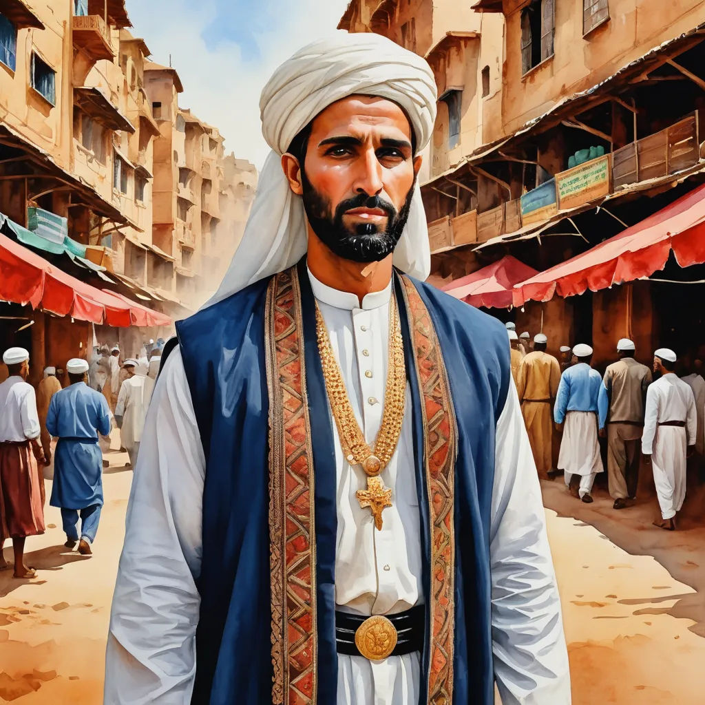 a painting of a man in a turban and a gold necklace in a street in a city, qajar art, a detailed painting, Altoon Sultan, orientalism