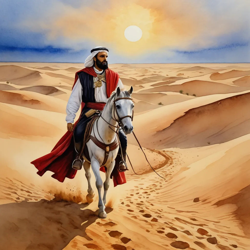 a man riding a horse through a desert landscape with a sunset in the background and footprints in the sand, qajar art, a watercolor painting, Altoon Sultan, desert