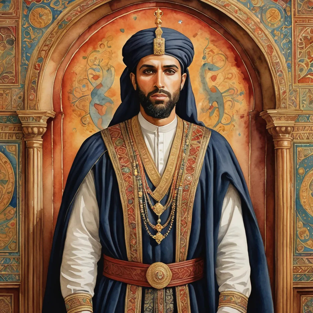a painting of a man in a blue outfit and a gold crown on his head and a gold chain around his neck, qajar art, a detailed painting, Altoon Sultan, detailed painting