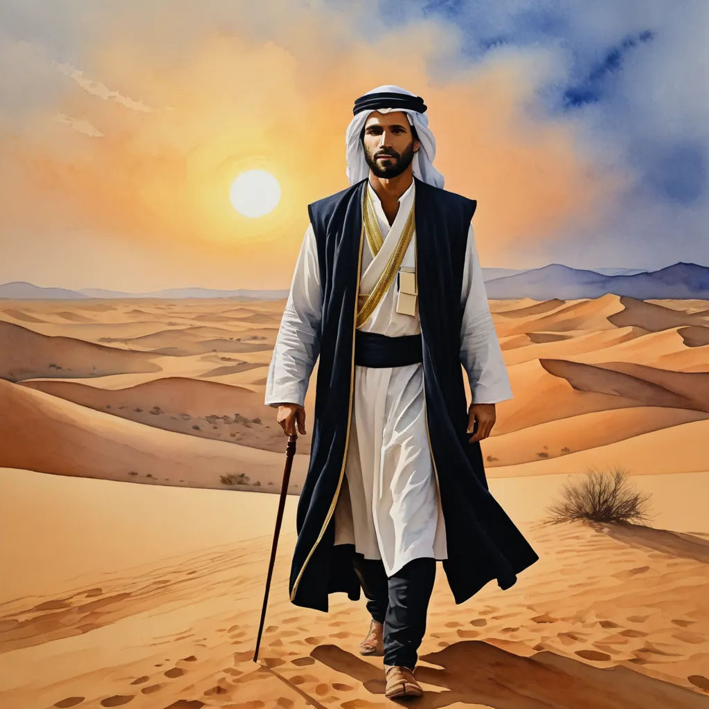 a painting of a man in a desert with a cane and a robe on walking through sand dunes with a sunset in the background, hurufiyya, a painting, Drew Struzan, desert