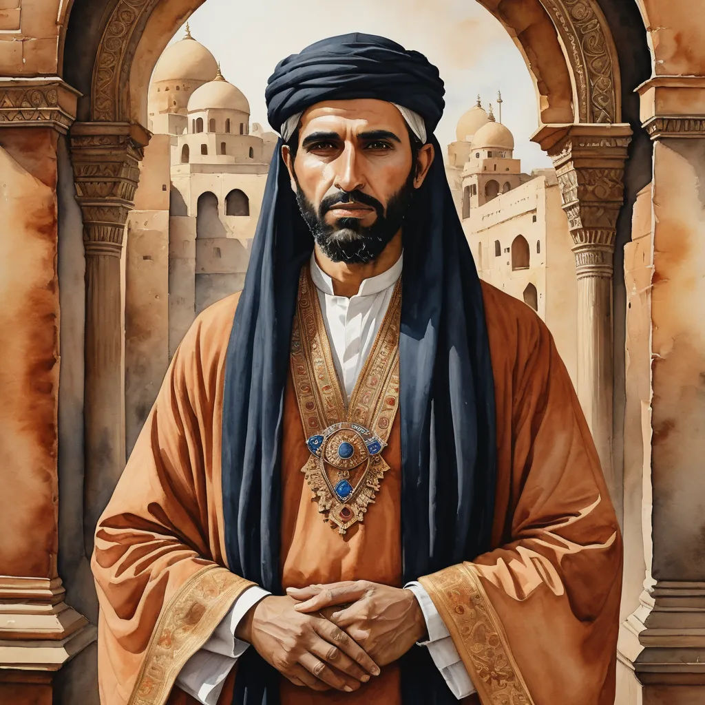 a painting of a man in a turban and a blue scarf standing in front of a building, qajar art, a detailed painting, Ahmed Karahisari, orientalism