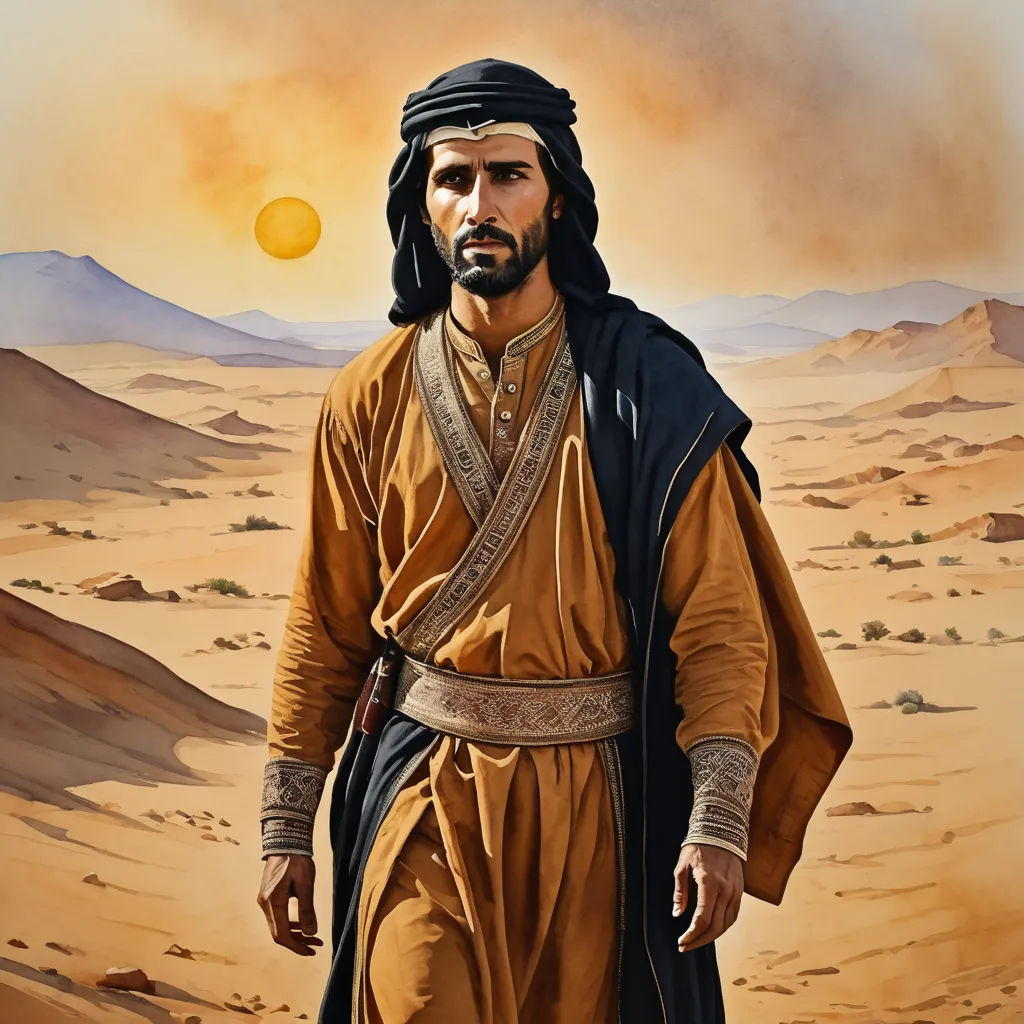 a painting of a man in a desert setting with a sunset in the background and mountains in the distance, qajar art, a detailed matte painting, Ahmed Karahisari, desert