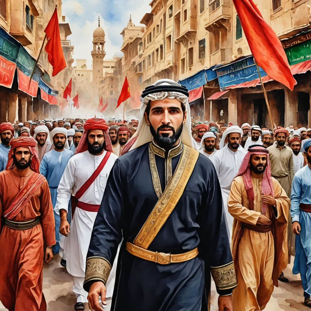 a painting of a man in a black outfit walking through a crowd of men in red and gold outfits, hurufiyya, a detailed painting, Altoon Sultan, orientalism