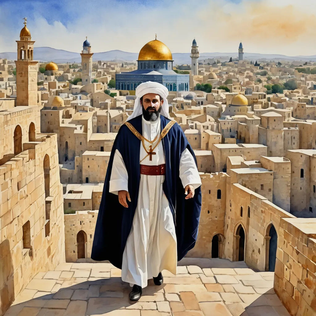 a man in a white robe and a black and gold hat standing in front of a cityscape, hurufiyya, a detailed matte painting, Altoon Sultan, painting