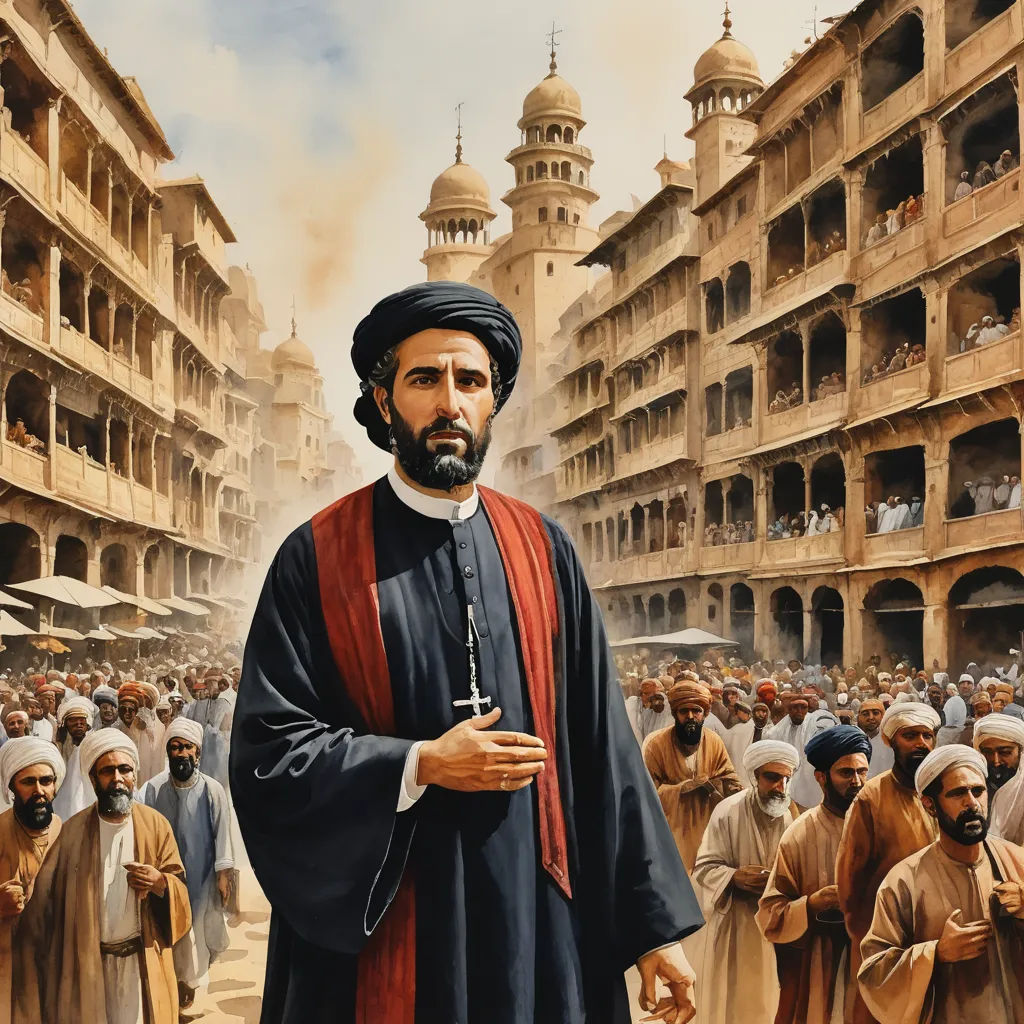 a painting of a man in a black robe and red scarf standing in front of a crowd of people, excessivism, a detailed painting, Edmund Leighton, orientalism