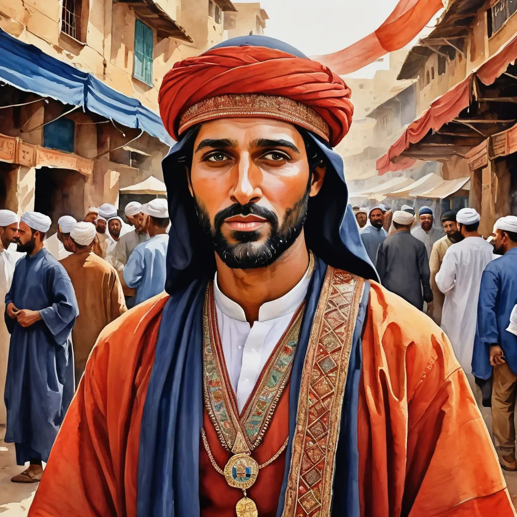a painting of a man in a red turban and blue scarf and a crowd of people in the background, hurufiyya, a detailed painting, Altoon Sultan, highly detailed digital painting