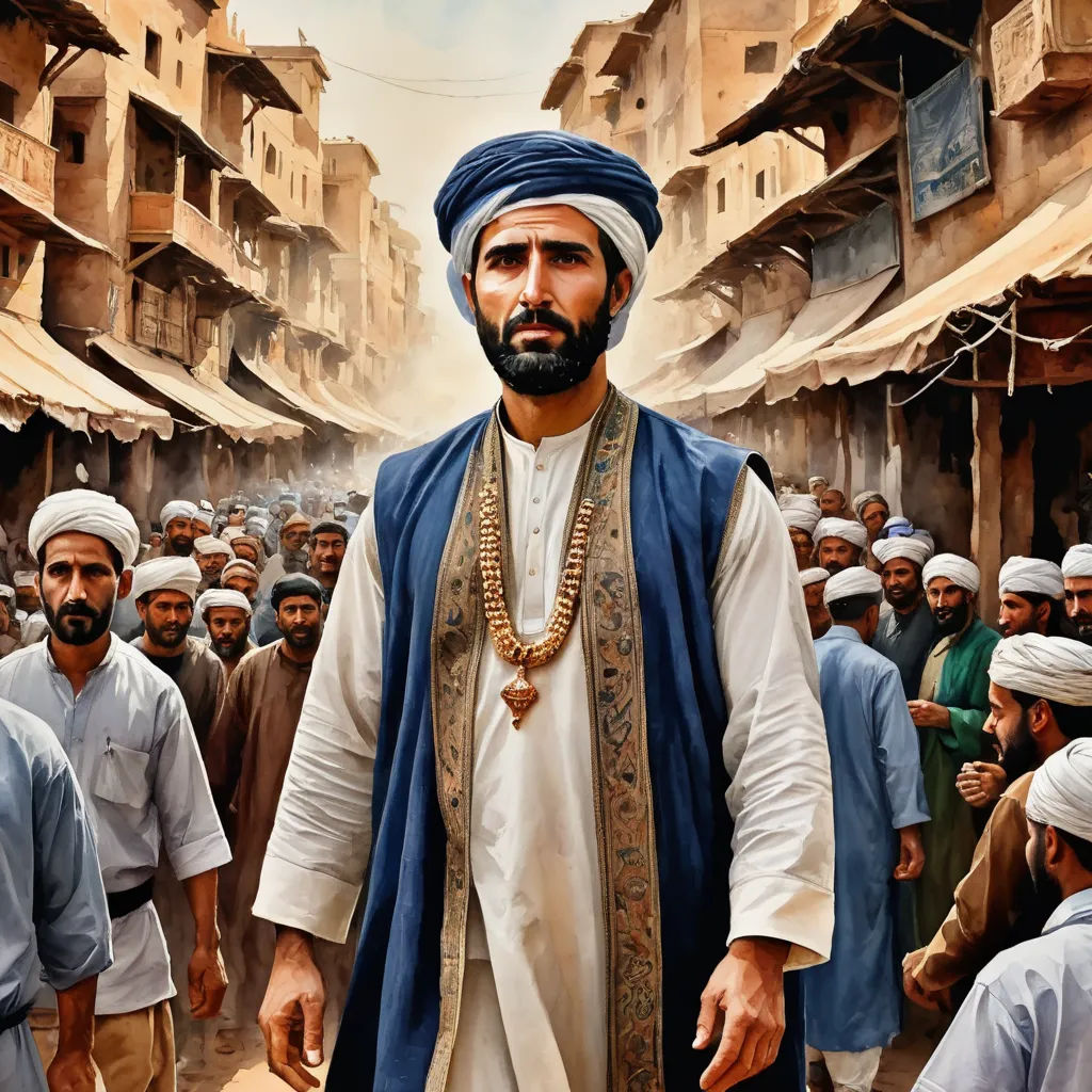 a painting of a man in a turban and a crowd of men in the background, all dressed in blue, hurufiyya, a detailed matte painting, Altoon Sultan, oil on canvas. cinematic