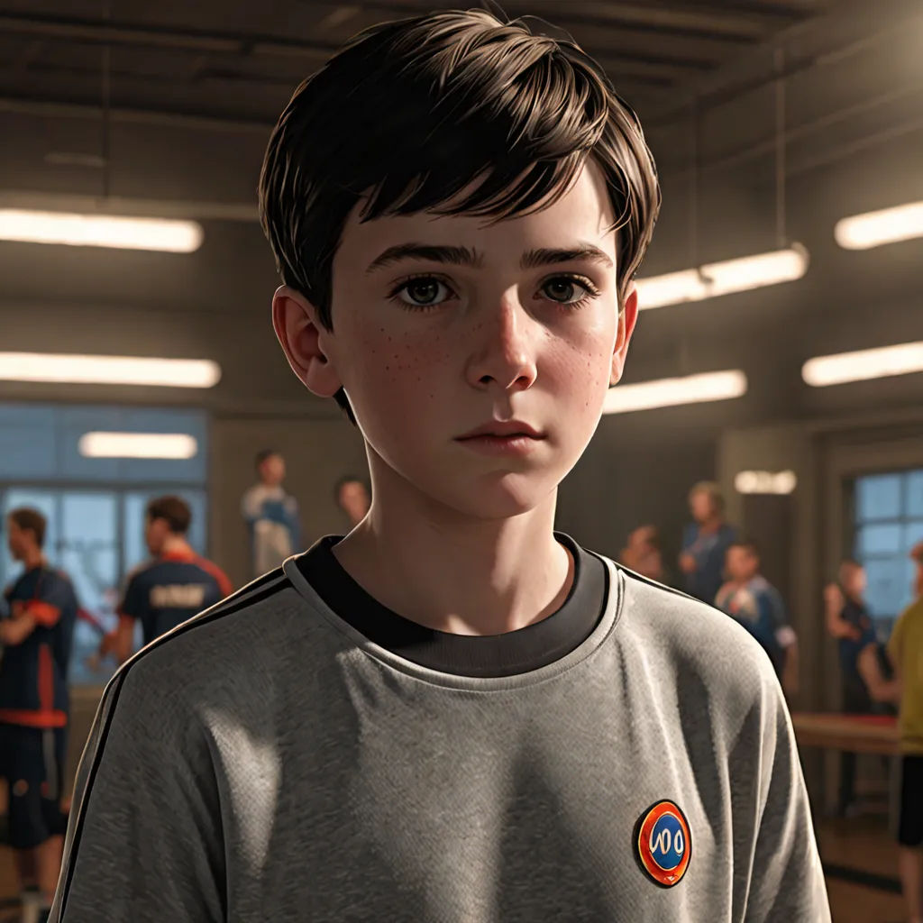 a boy in a grey shirt standing in a room with people in the background and a third boy in a gray shirt standing in the foreground, David Park, photorealism, a character portrait, ultra realistic digital art