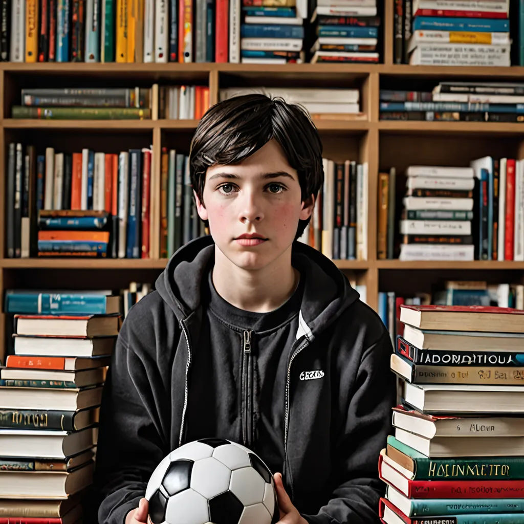 a boy holding a soccer ball in front of a bookcase of books in a library with a soccer ball on top of it, Andrew Robertson, heidelberg school, a character portrait, kai carpenter