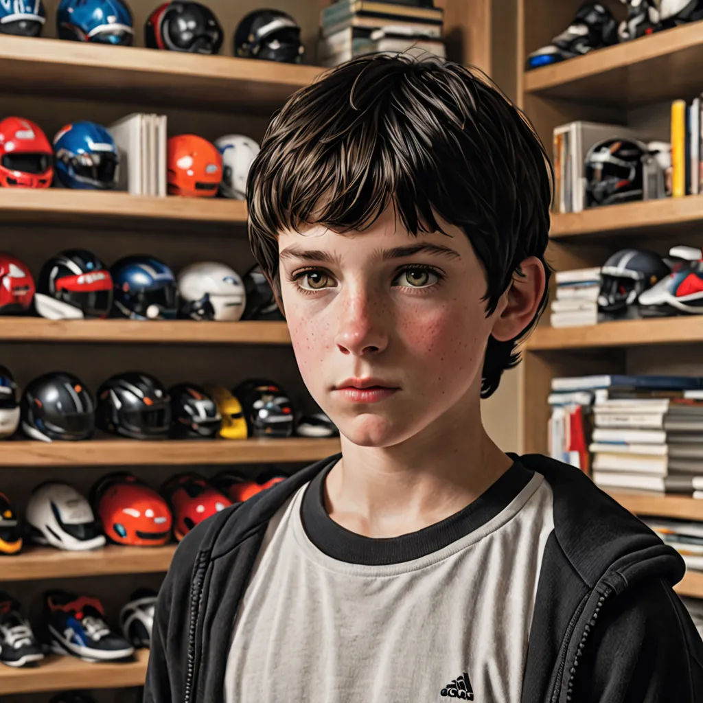 a young boy standing in front of a wall of helmets in a store filled with helmets and books on shelves, David Budd, hyperrealism, a hyperrealistic painting, hyper real