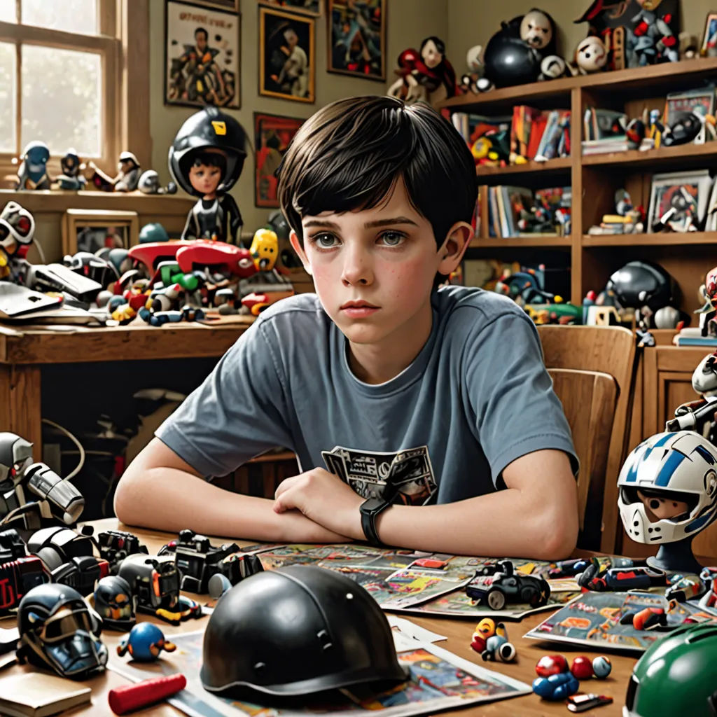 a boy sitting at a table with a bunch of toys on it and a helmet on the table next to him, Adam Rex, shock art, a hyperrealistic painting, promotional image