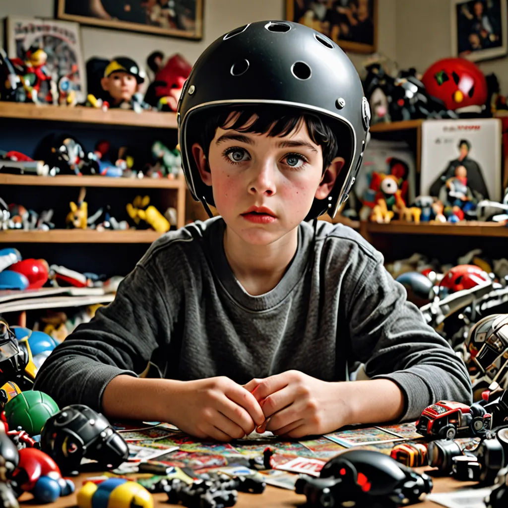a young boy wearing a helmet sitting at a table with toys on it and a shelf full of other toys, Diego Gisbert Llorens, hyperrealism, a hyperrealistic painting, award - winning photography