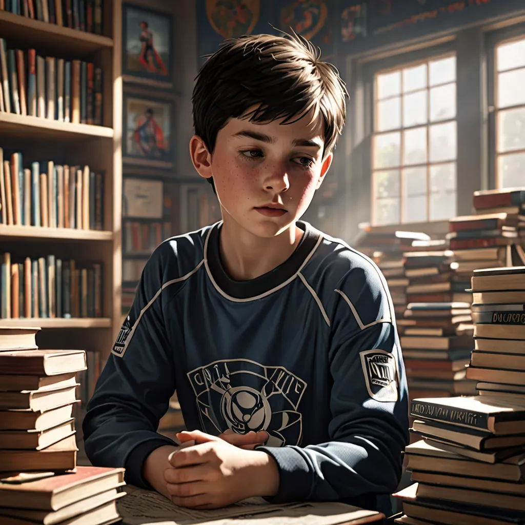 a boy sitting at a table in front of a pile of books in a library with a lot of books on the shelves, Brad Kunkle, fantastic realism, poster art, promotional image