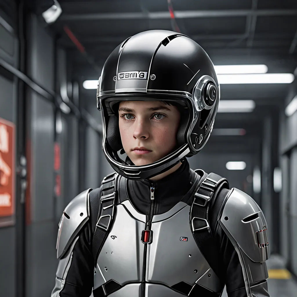 a young boy in a helmet and suit standing in a hallway with a hallway sign behind him and a hallway sign behind him, Diego Gisbert Llorens, retrofuturism, a detailed matte painting, promotional image