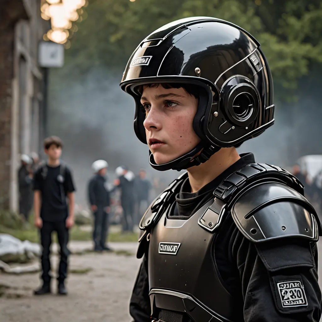 a young boy wearing a helmet and a leather outfit with a helmet on his head and a crowd of people in the background, Caspar Wolf, antipodeans, a character portrait, promotional image