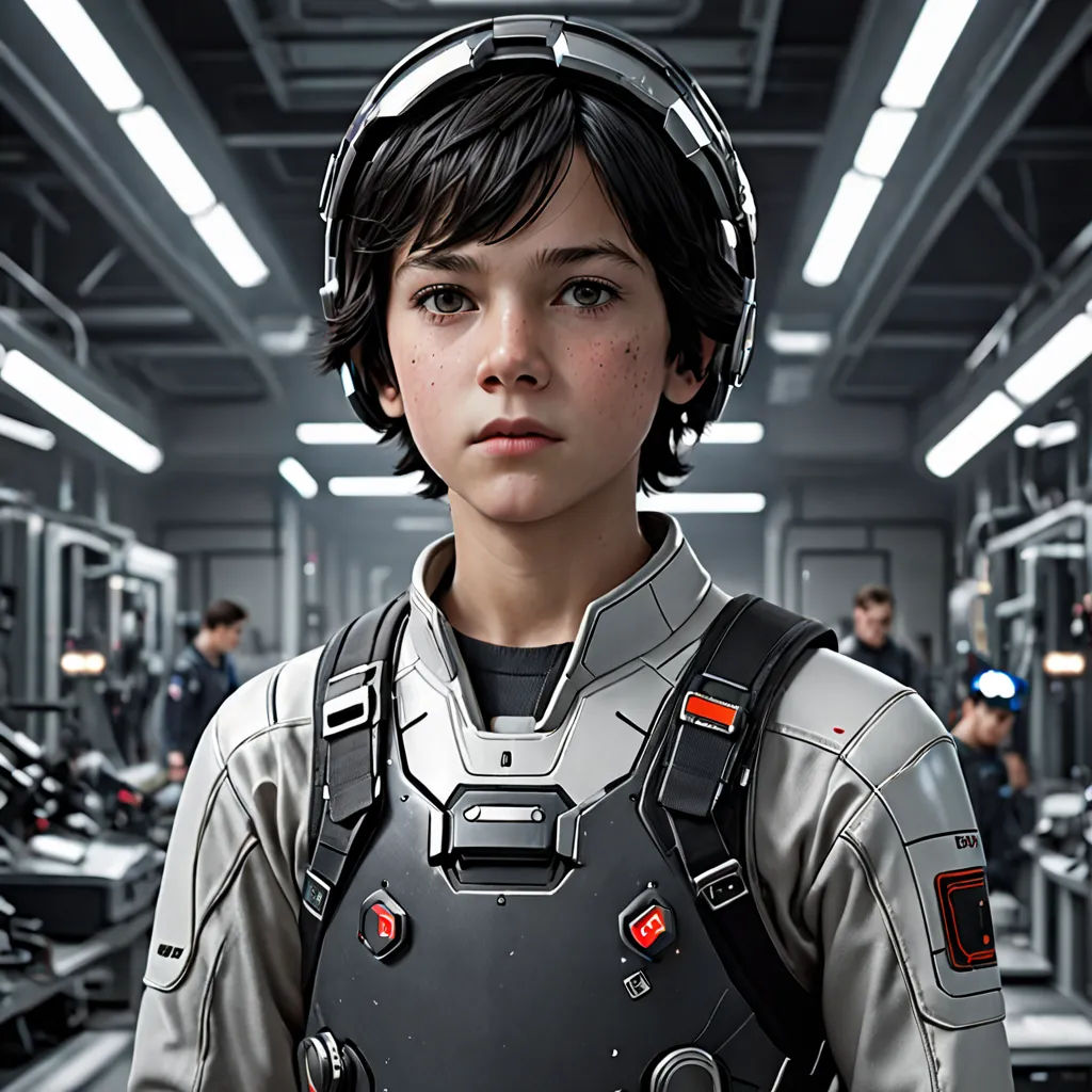 a young boy in a sci - fi suit and helmet in a sci - fi setting with other people in the background, David Park, photorealism, computer graphics, promotional image