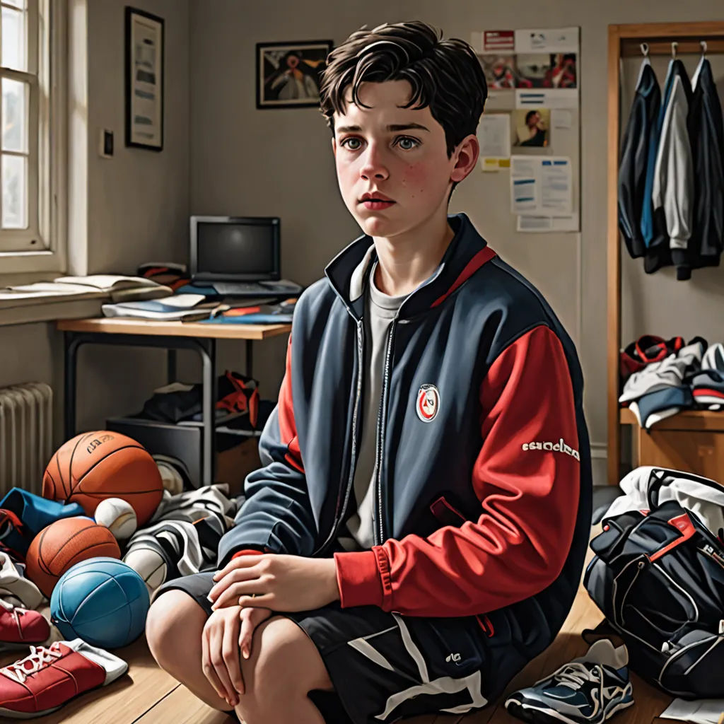 a boy sitting on a table with a basketball and other sports equipment on the floor in front of him, Christian W. Staudinger, photorealism, a hyperrealistic painting, highly detailed digital painting
