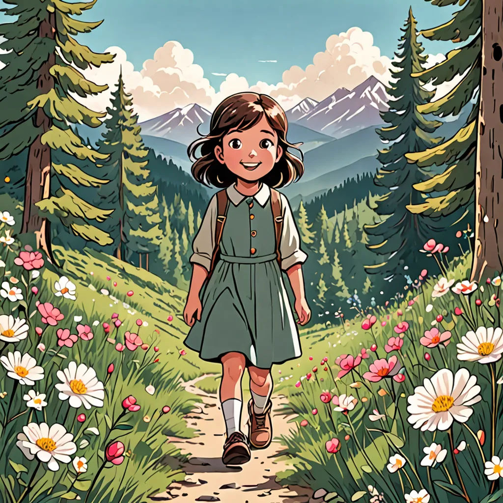 a girl walking down a path in a field of flowers and trees with mountains in the background and a sky with clouds, environmental art, a storybook illustration, Asaf Hanuka, comic cover art