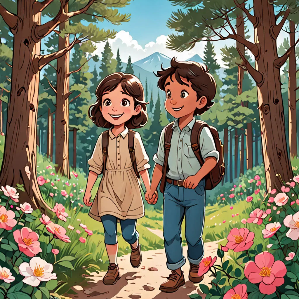 a boy and a girl walking in the woods holding hands and smiling at each other with a mountain in the background, vancouver school, a storybook illustration, Diego Gisbert Llorens, comic cover art