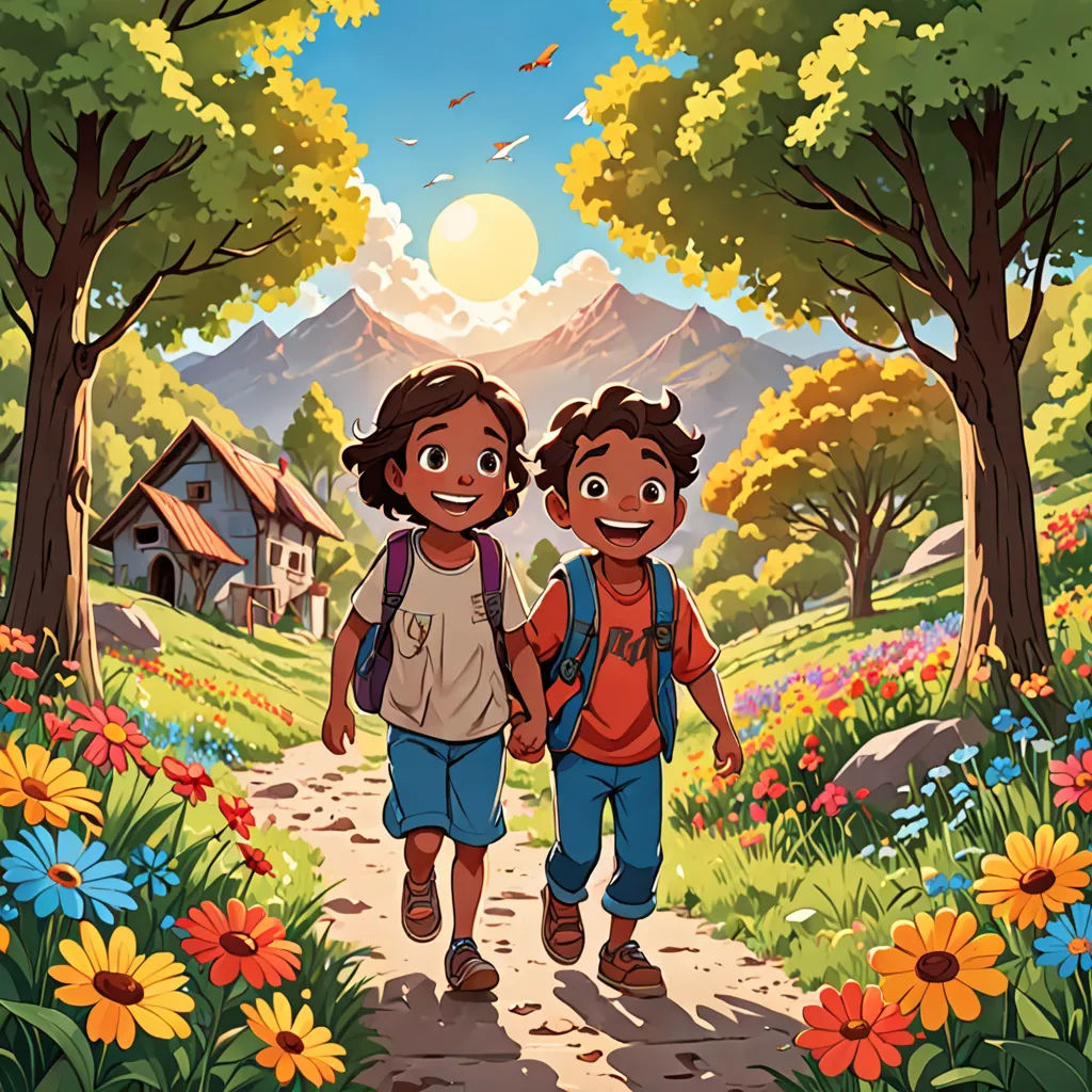 two children walking down a path in a forest with flowers and trees on either side of them, with a mountain in the background, environmental art, a storybook illustration, Diego Gisbert Llorens, official art