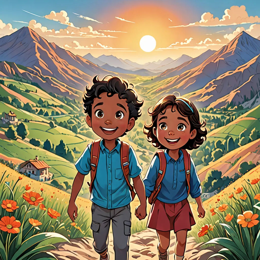 a couple of people walking down a dirt road next to a field of flowers and mountains with a sun in the background, serial art, a storybook illustration, Brothers Hildebrandt, comic cover art