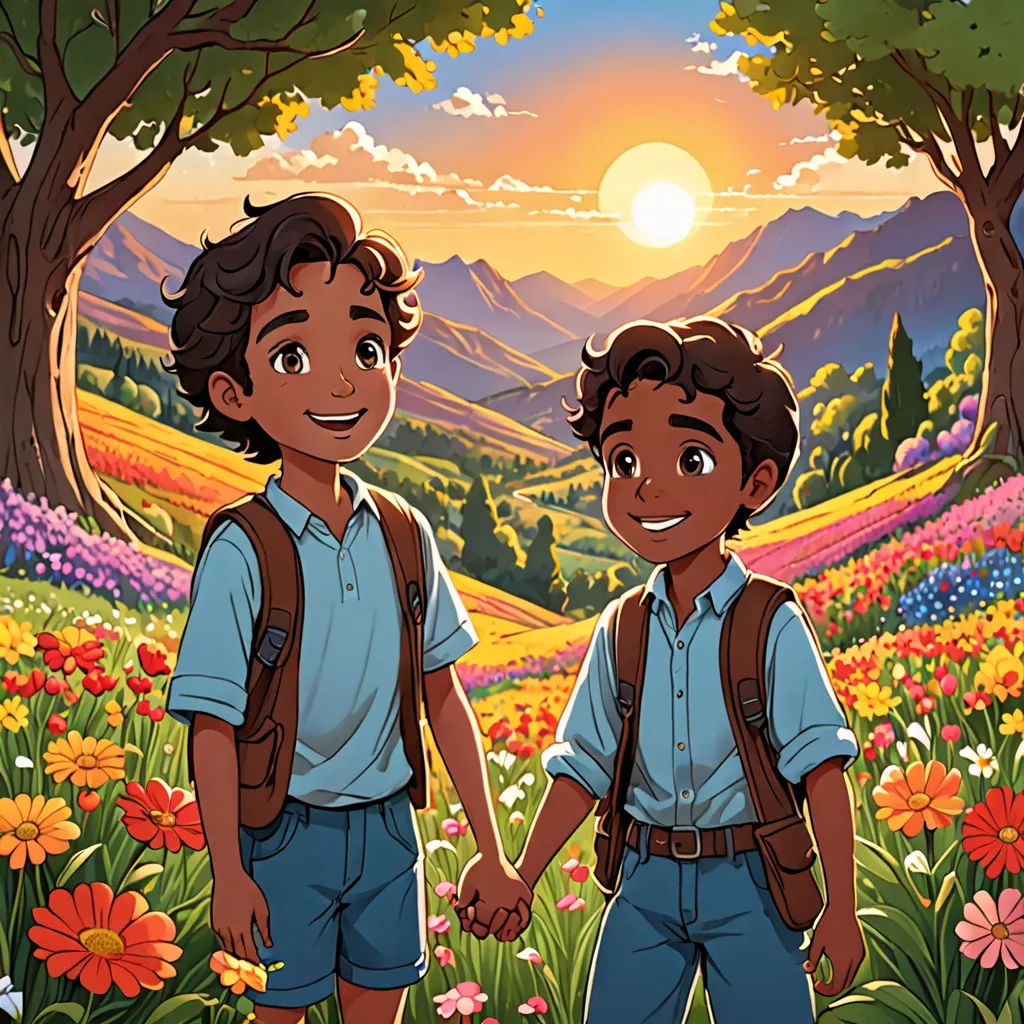 two children are standing in a field of flowers and trees, with the sun setting behind them and mountains in the distance, sots art, a storybook illustration, Brothers Hildebrandt, official art