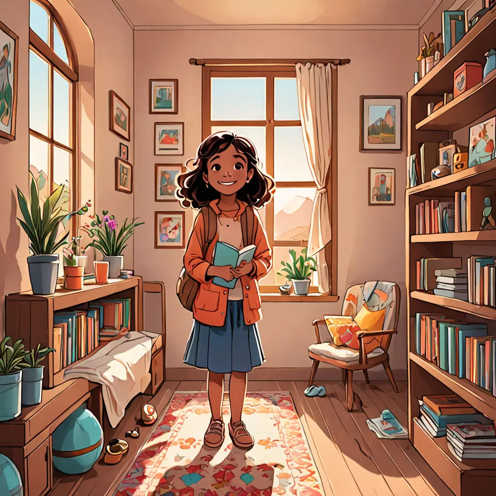 a girl standing in a room with a book shelf and a window in the background and a rug on the floor, art & language, a storybook illustration, Diego Gisbert Llorens, storybook illustration