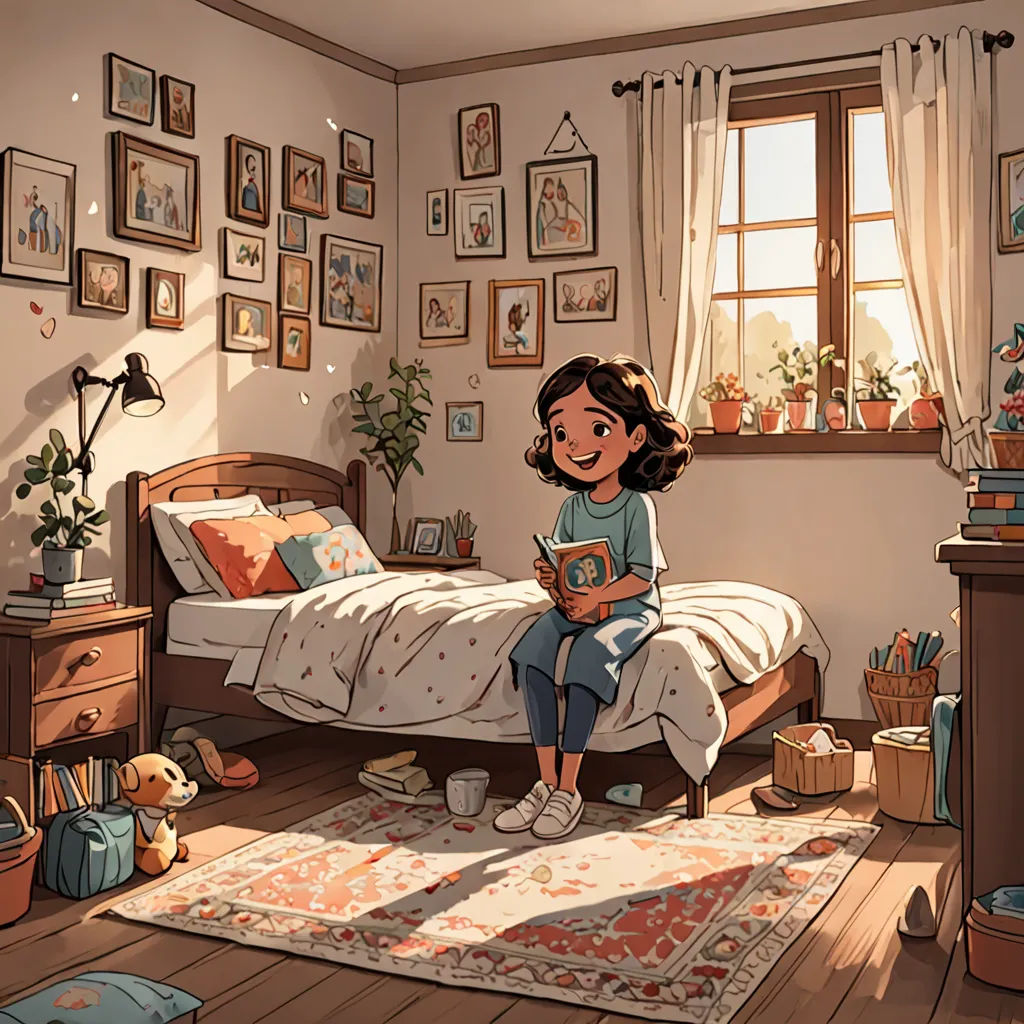 a girl sitting on a bed reading a book in a bedroom with a lot of pictures on the wall, photorealism, a storybook illustration, Chris LaBrooy, storybook illustration