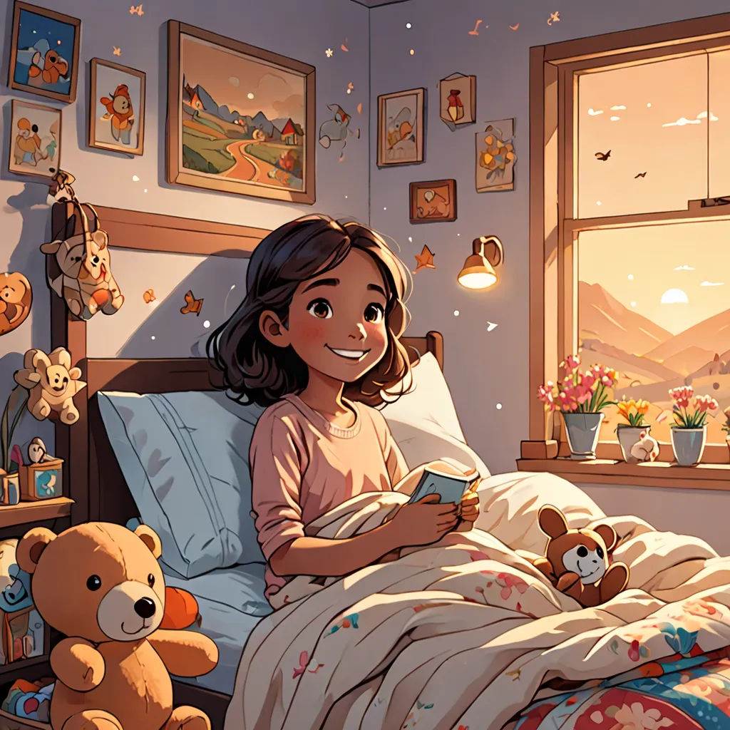 a girl is reading a book in her bed with teddy bears around her and a window with a mountain view, context art, a storybook illustration, Atey Ghailan, storybook illustration
