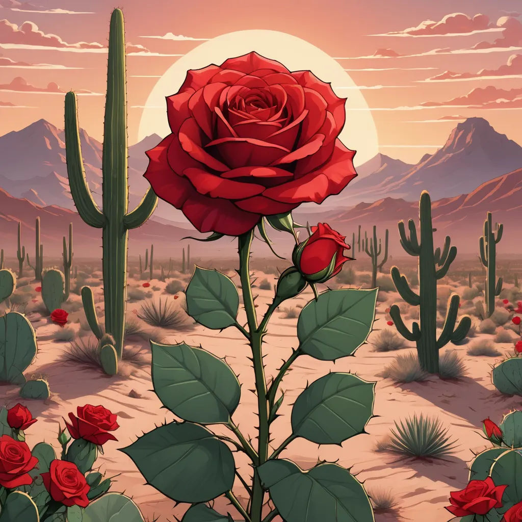 a red rose in a desert with a sunset in the background and a cactus in the foreground with a full moon in the sky, neo-romanticism, poster art, Chris LaBrooy, desert