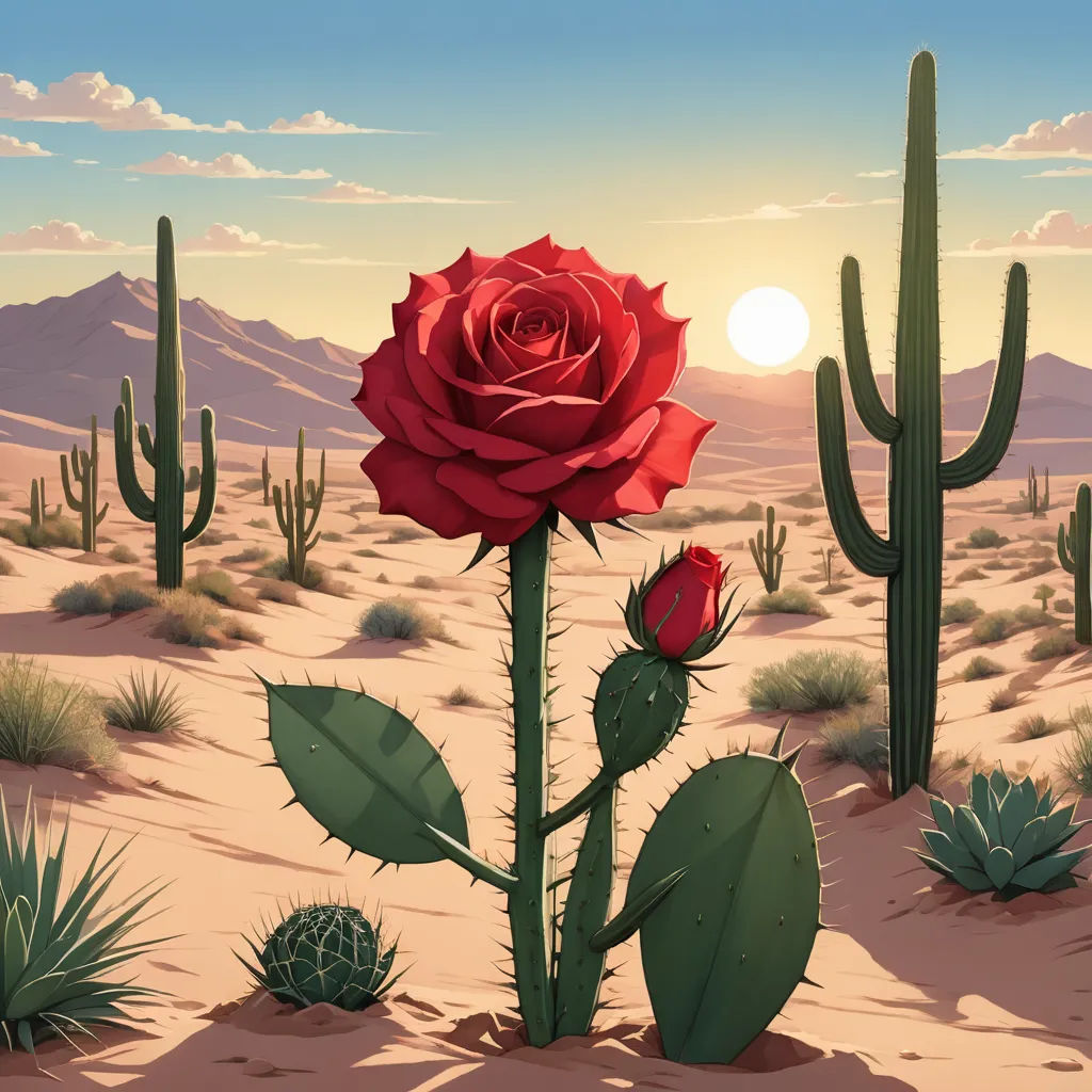 a red rose in the desert with cactus plants and a sun in the background with clouds in the sky, neo-romanticism, a digital rendering, Chris LaBrooy, rossdraws global illumination
