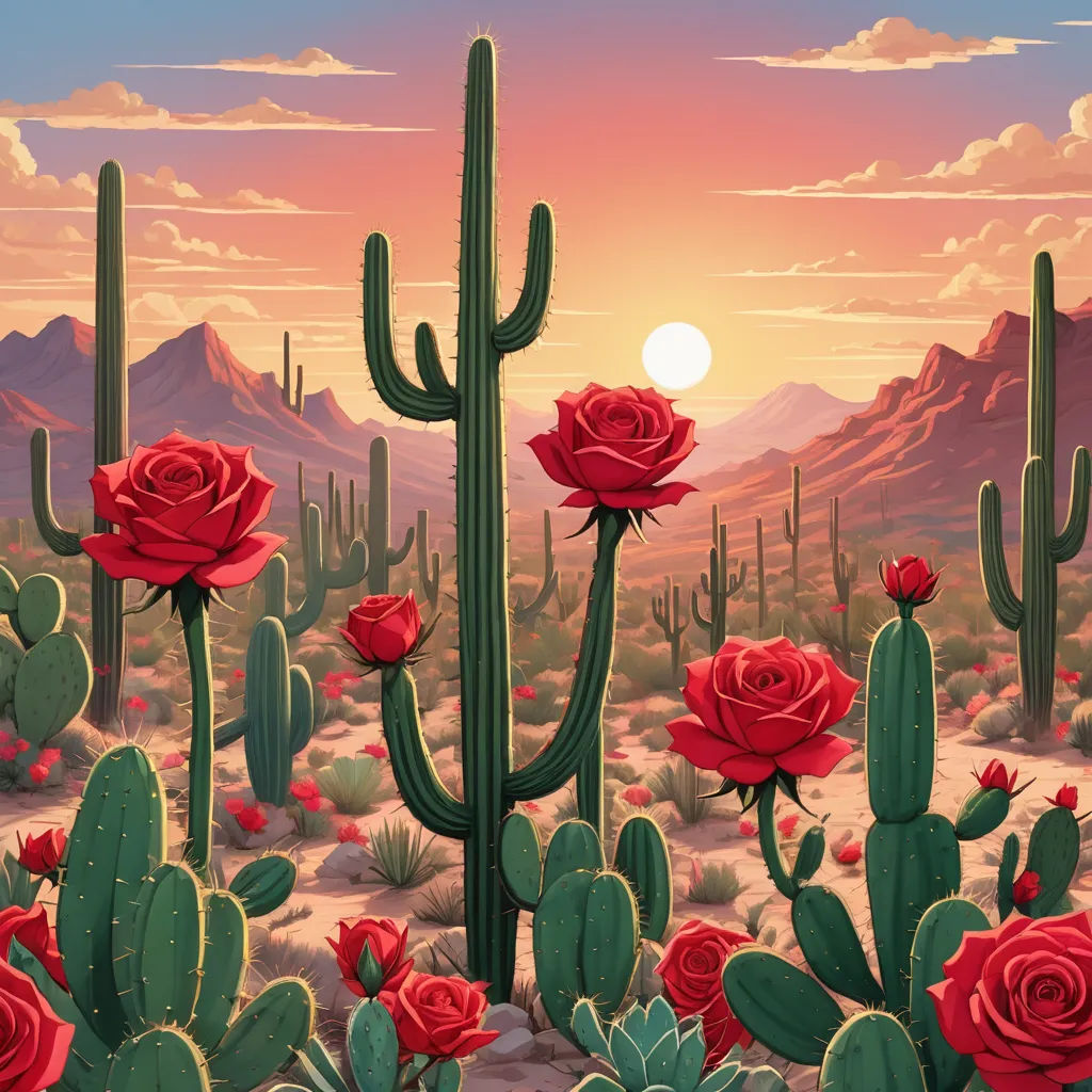 a painting of a desert with red flowers and cactus plants at sunset with mountains in the background and a pink sky, neo-romanticism, a painting, Chris LaBrooy, desert