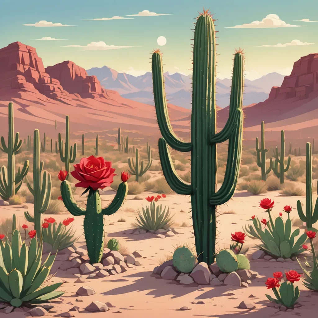 a cactus and a red flower in a desert landscape with mountains in the background and a full moon in the sky, serial art, concept art, Chris LaBrooy, desert