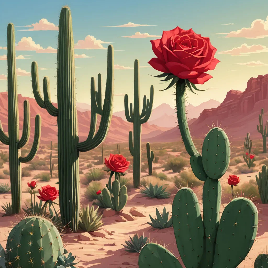 a desert scene with cactus, cacti and a red rose in the foreground and a mountain in the background, neo-romanticism, a painting, Chris LaBrooy, desert