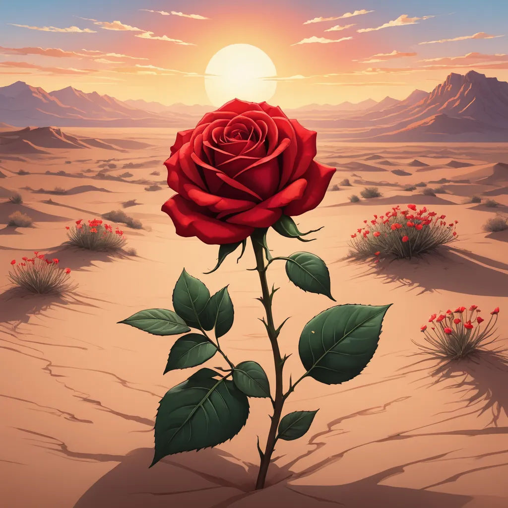 a red rose in the desert with a sunset in the background and a desert landscape with red flowers and bushes, neo-romanticism, an airbrush painting, David A Hardy, highly detailed digital painting